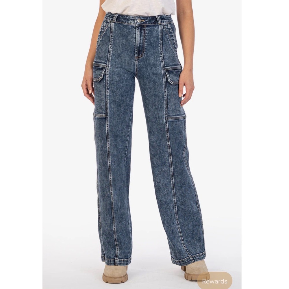 Kut from the Kloth Jodi High Rise Wide Leg Cargo Jeans Blue Acid Wash Size 8